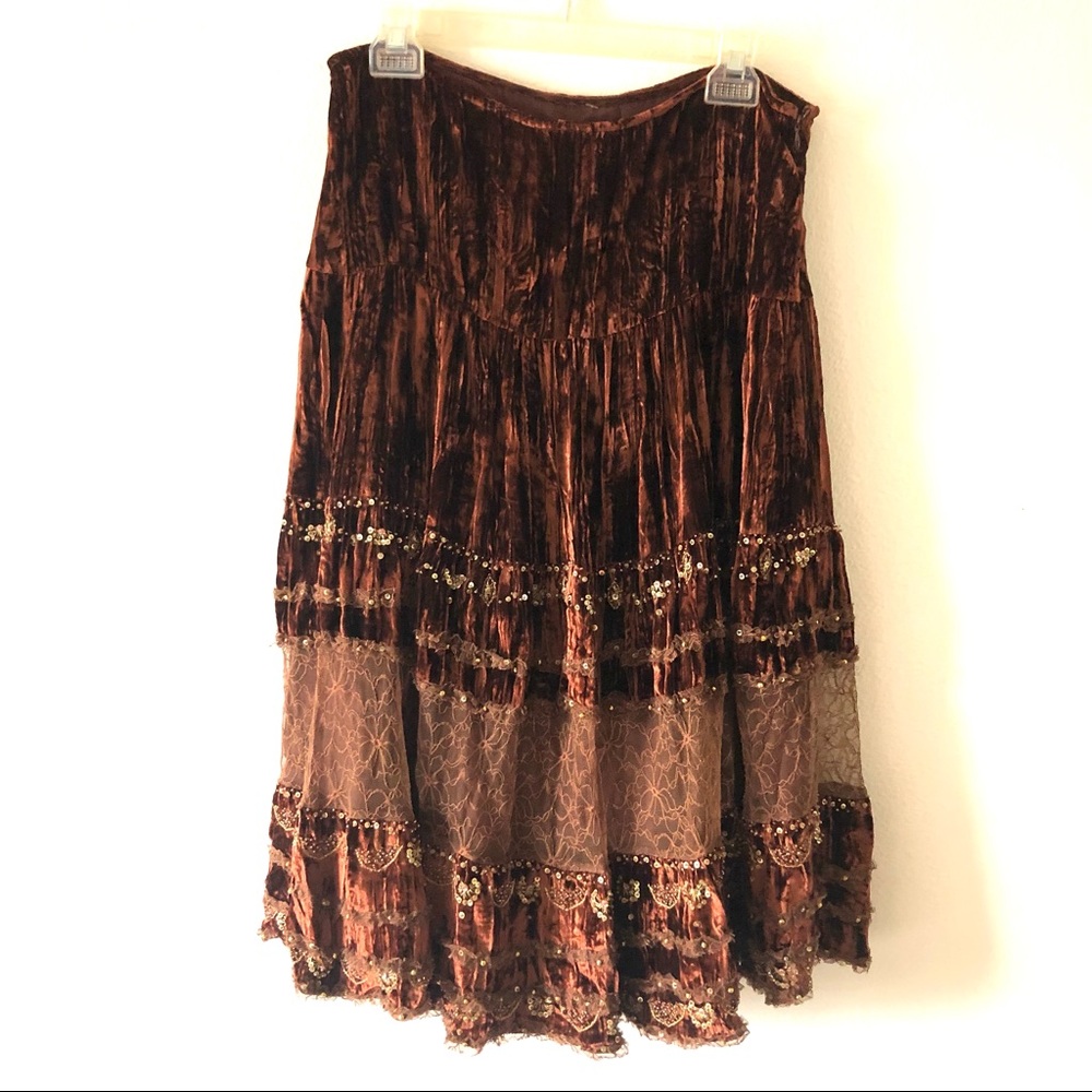Cache Brown and Gold Bubble Midi Skirt